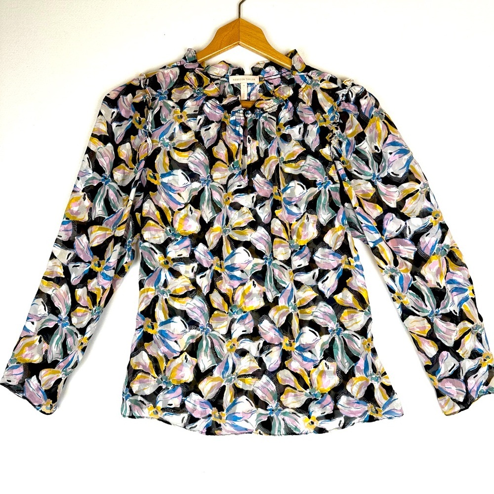 Rebecca Taylor Silk Blend Bow Fleur Ruffle‎ Blouse Officecore